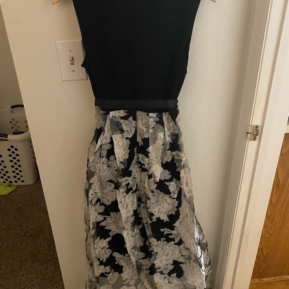 Black and floral print high low dress.